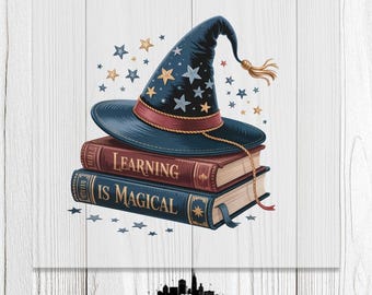 Witch Hat On Books Ready For Press, Learning Is Magical Dtf Heat Transfers, Book Lover Gift, Halloween Witchy Dtf Transfers, Witch Hat Gifts