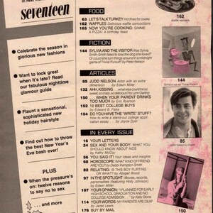May include: A vintage magazine cover for Seventeen, featuring articles on fashion, food, and relationships. The cover includes text and images, with a focus on holiday themes and advice for teens.
