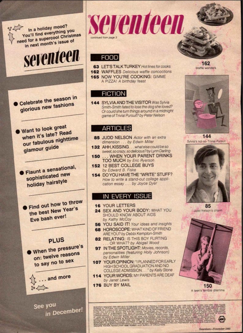 May include: A vintage magazine cover for Seventeen, featuring articles on fashion, food, and relationships. The cover includes text and images, with a focus on holiday themes and advice for teens.