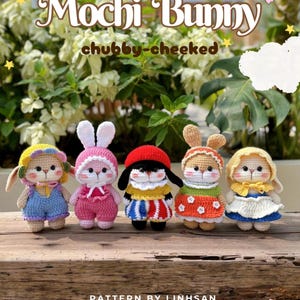 Peut inclure: Cinq poupées lapins crochetées avec des tenues et accessoires distinctifs sont présentées. Les poupées sont disposées sur une surface en bois, avec le texte "Mochi Bunny" et "chubby-cheeked" au-dessus. La phrase "PATTERN BY LINHSAN" est en dessous.