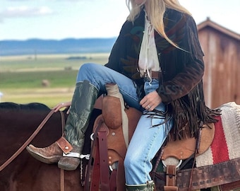 Giacca western con frange in pelle scamosciata marrone per donna: cappotto in stile western da donna