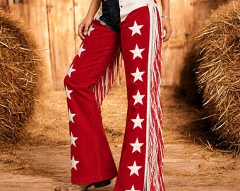 Women's Handmade Cowgirl Chaps | Genuine Red Buckskin Suede Leather Riding Pants | Western Rodeo Fringe Chaps Cowgirl Equestrian Pants Gift.