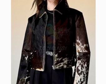 Chaqueta de piel de vaca auténtica extragrande para mujer - Abrigo de piel de vaca marrón estilo vaquero western vintage hecho a mano para mujer, estilo bohemio vaquero.