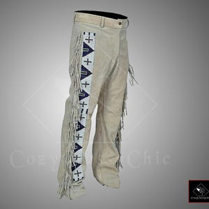 Men Suede Leather Pant Western Style Genuine Suede Leather Cowboy Fringe Pants, Suede Leather Fringe Beads Pant Cowboy Pants Gift For Him