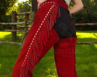 Women's Western Wear 100% Geniune Suede Leather Outfit Chap Fringes, Riding Rodeo Leather Pant