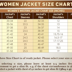 K&ouml;nnte beinhalten: Eine Gr&ouml;&szlig;entabelle f&uuml;r Westernjacken f&uuml;r Damen in Zoll, mit Ma&szlig;en f&uuml;r Brust, &Auml;rmel, H&uuml;fte, Schultern und Taille. Gr&ouml;&szlig;en von 2XS bis 5XL. Enth&auml;lt einen Hinweis zur Auswahl der richtigen Gr&ouml;&szlig;e f&uuml;r eine schlanke Passform.