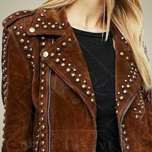 Blouson en cuir marron vintage pour femme, Blouson en cuir marron avec clous, Blouson en cuir surdimensionné pour femme, Blouson en cuir pour femme, Blouson tendance