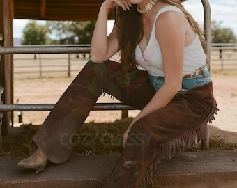Women’s 100 % Genuine Suede Leather Western Cowgirl Style Chap Fringes Women Riding Leather Chap Fringes- Women Leather Chap - Leather Pant