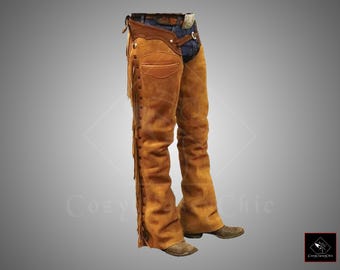 本革製ウエスタンチャップス、フリンジ付きカウボーイロデオチャップスパンツ - ブラウンの乗馬用チャップス（男性用） - ハンドメイドの牧場風カウボーイ衣装。