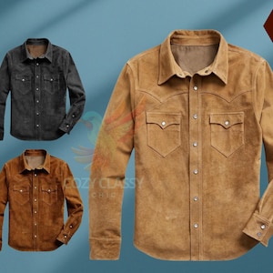 Chemise camionneur en daim pour homme, Blouson camionneur en daim véritable, Blouson camionneur western classique, Blouson camionneur classique, Blouson camionneur marron pour homme
