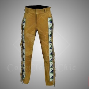 Native Indian American Western Cowboy Buckskin Leather Pant, Beaded Suede Leather Pant Chap, Buckskin Original Pant, Long Beads Pant for Men