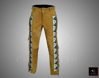 Beaded Buckskin Suede Leather Cowboy Pants: Western Style