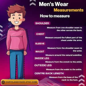 Może przedstawiać: Diagram przedstawiający spos&oacute;b mierzenia r&oacute;żnych części ciała do odzieży męskiej, w tym ramion, klatki piersiowej, rękaw&oacute;w, talii, długości nogawki wewnętrznej, długości nogawki zewnętrznej i długości plec&oacute;w. Diagram zawiera kresk&oacute;wkową ilustrację osoby.