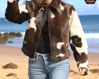 Genuine Cowhide Leather Jacket for Women - Women Pony Natural Hair-On Cow Skin Fashion Coat