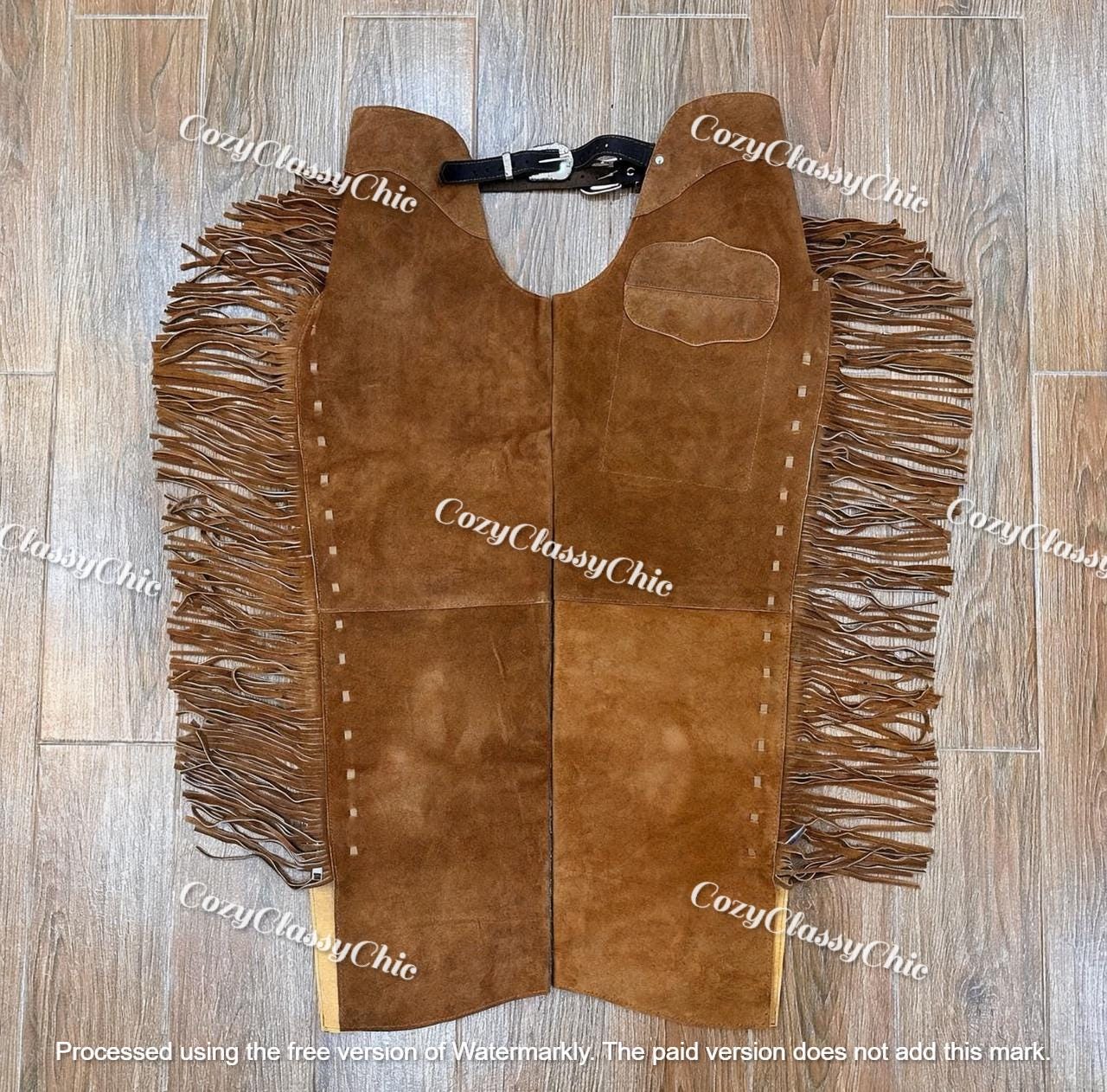 Genuine Cowhide Leather Western Chaps Fringe Cowboy Rodeo Chaps Pant - Brown Horse Riding Chaps for Men - Handmade Ranch Wear cowboy outfit.