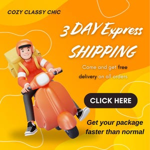 May include: A cartoon delivery person riding a red scooter with a yellow backpack. The text on the image says "3 DAY Express SHIPPING Come and get free delivery on all orders CLICK HERE Get your package faster than normal"