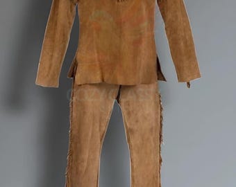 Handmade Mens Brown Leather Fringe Jacket and Pants Set – Western Cowboy Outfit.