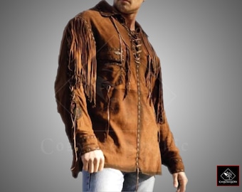 Chaqueta vaquera para hombre de ante marrón claro con flecos y abalorios - Chaqueta artesanal de estilo vintage para hombre.