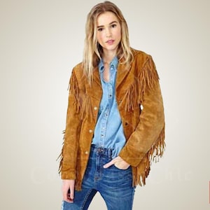 Veste en cuir western fait main en daim marron fauve avec franges, veste en cuir femme fauve avec franges western, manteau à franges pour femme, cadeau