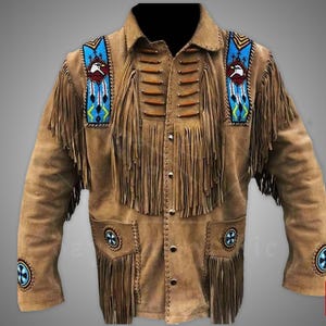 Blouson de cow-boy occidental traditionnel fait main en cuir avec tresse et franges, chemise en cuir de daim avec franges, chemise de style rodéo de cow-boy