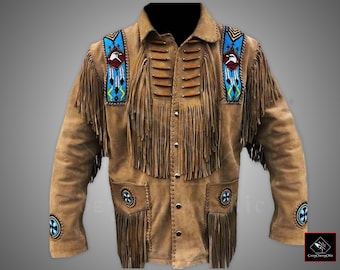 Men&#39;s Traditional Handmade Western Cowboy Leather Jacket Coat with Braided & Fringes, Buckskin Shirt with Fringes, Cowboy Rodeo Style Shirt