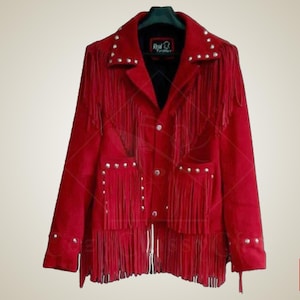 Women&#39;s Vintage Fringe Leather Jacket, Red Suede Leather Jacket, Ladies Leather jacket, Fringe Women Western Jacket, Women Buckskin, Gift