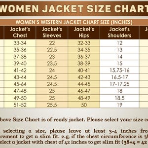 Pu&ograve; includere: Una tabella che mostra le taglie delle giacche western da donna in pollici. La tabella include le misure per il petto, le maniche, i fianchi, le spalle e la vita. Le taglie vanno da 2XS a 5XL.