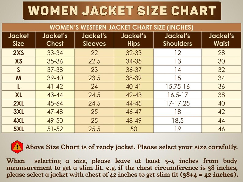 Pu&ograve; includere: Una tabella che mostra le taglie delle giacche western da donna in pollici. La tabella include le misure per il petto, le maniche, i fianchi, le spalle e la vita. Le taglie vanno da 2XS a 5XL.