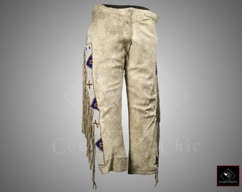 Native Indians Buckskin Suede Beige Leather Sioux Beaded Fringe Powwow Regalia Pants for Mens, Western Leather Buckskin Pant, Trouser Pant