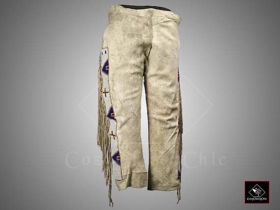 Native Indians Buckskin Suede Beige Leather Sioux Beaded Fringe Powwow Regalia Pants for Mens, Western Leather Buckskin Pant, Trouser Pant