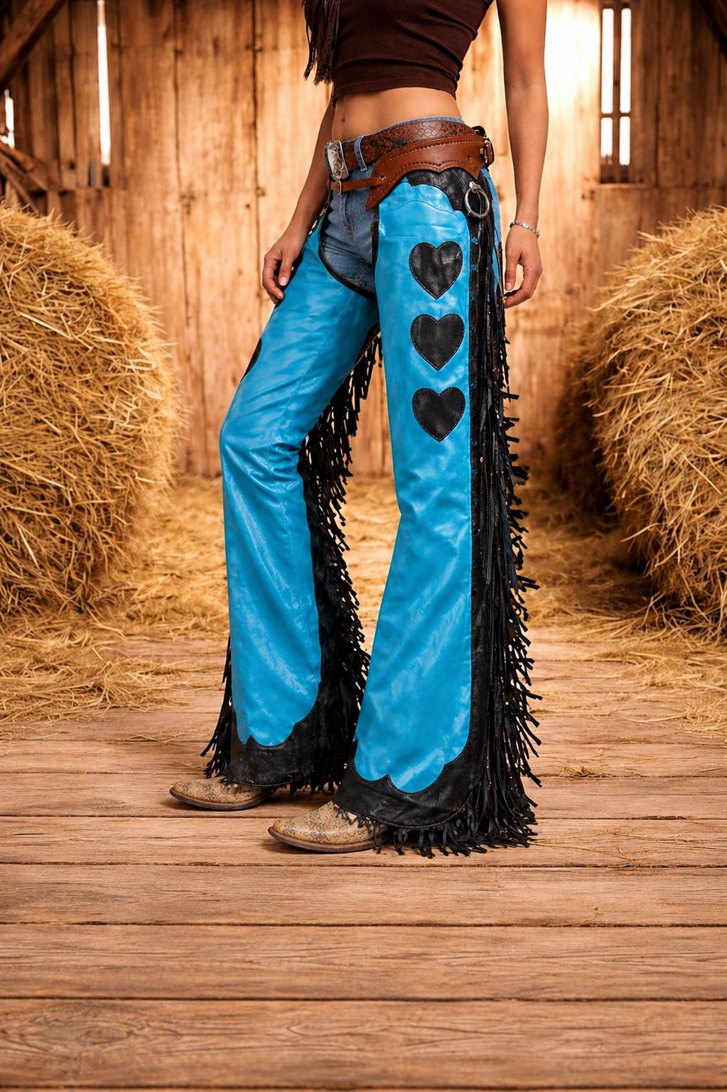 Women's Handmade Cowgirl Chaps Genuine Buckskin Heart Leather Pants Western Rodeo Fringe Rodeo Pants - Vintage Cowboy Style Leather Chaps.