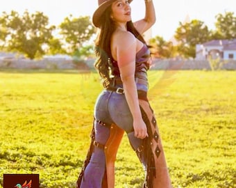 Women's Suede Leather Western Chaps: Buckskin Fringes, Rodeo Riding Pants