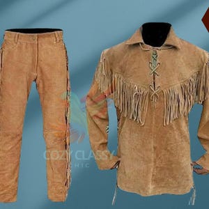 Men's Traditional Handmade Western Cowboy Leather Jacket Buckskin Original Pant Trouser Style Cowboy with Shirt Buckskin Shirt Fringes Pant