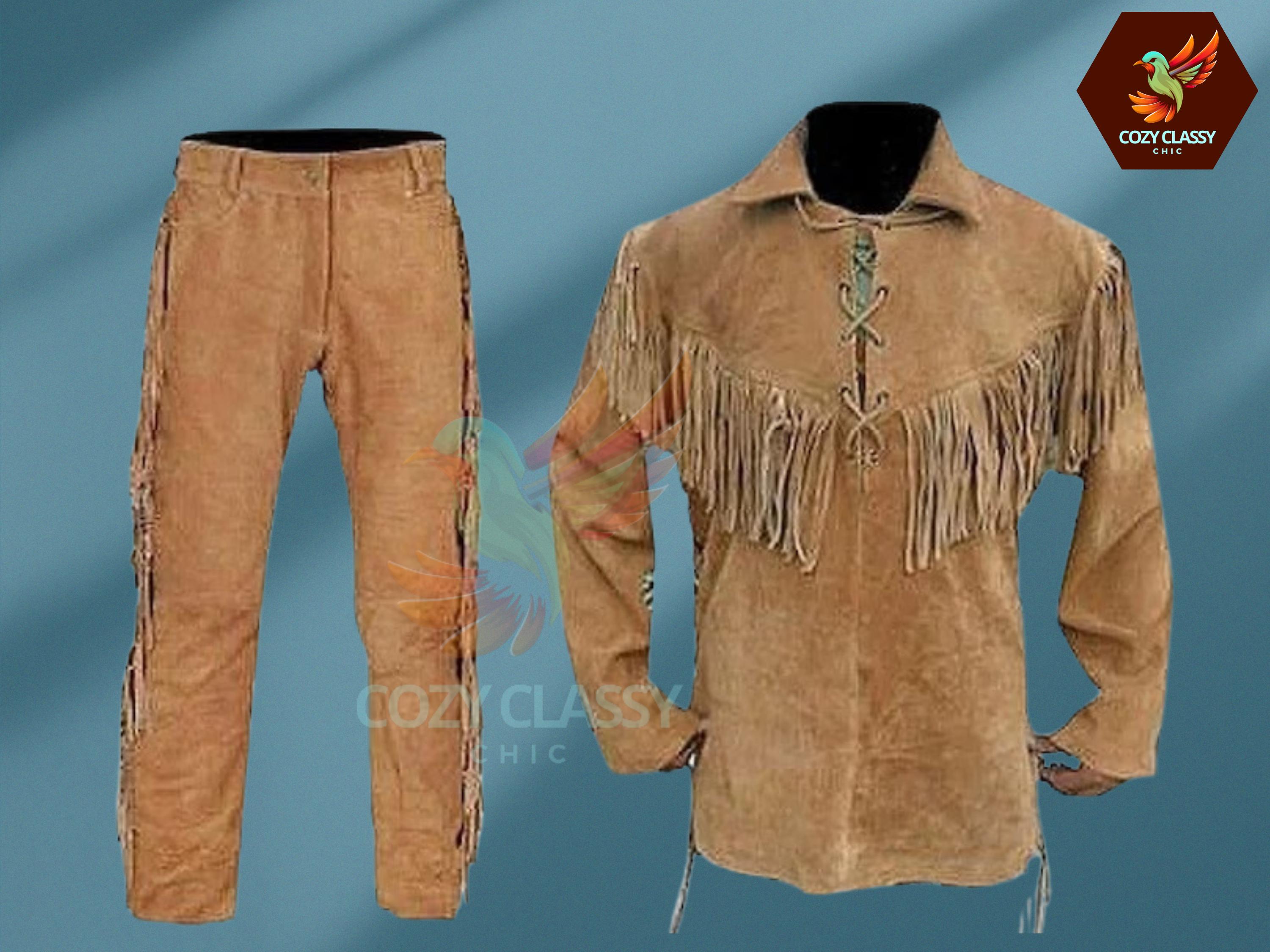 Men's Traditional Handmade Western Cowboy Leather Jacket Buckskin Original Pant Trouser Style Cowboy with Shirt Buckskin Shirt Fringes Pant
