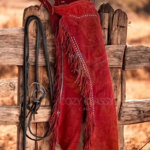 Damskie 100% oryginalne zamszowe skórzane czapsy w stylu western cowgirl, damskie skórzane czapsy jeździeckie z frędzlami, damskie skórzane spodnie Native Leather Chaps