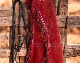 Women's 100 % Real Suede Leather Western Style Buckskin Chap Fringes Rodeo Leather Pant for Cowgirl