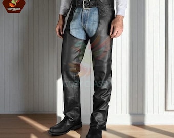 Men's Black Cow Leather Motorcycle Chaps, Genuine Leather Biker Chaps, Riding Pants, Cruiser Touring Gear, Handmade Rider Wear Gift for Him
