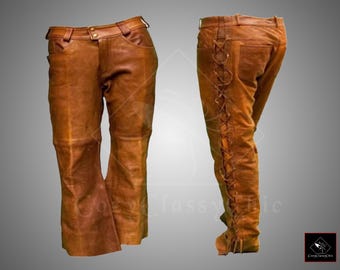 Handmade Suede Leather Cowboy Pants, Side Laces
