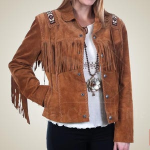 Veste manteau vintage en daim marron western avec franges pour femme, veste en cuir daim marron fauve avec franges western pour femme, veste tendance