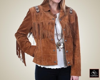 May include: A brown suede jacket with fringe detailing and Native American inspired embroidery. The jacket has a button closure and two pockets.