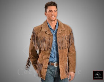 Buckskin Shirt with Fringes Cowboy Rodeo Style Shirt, Men&#39;s Traditional Handmade Western Cowboy Leather Jacket Coat with Braided & Fringes