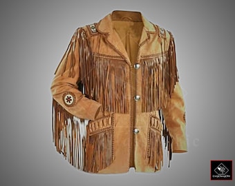 Men&#39;s Traditional Handmade Western Cowboy Leather Jacket Coat with Braided & Fringes Men&#39;s Traditional Native Brown Suede Leather Jacket