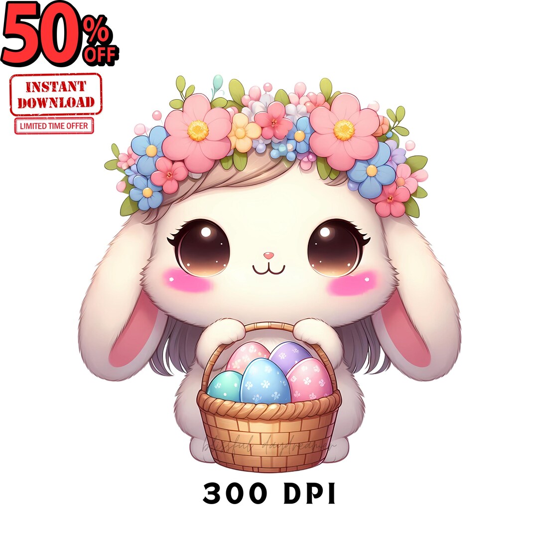 Easter Bunny With a Flower Crown Png, Easter Bunny Png, Pastel Designs ...