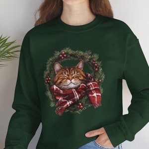 Retro Cat Christmas Wreath Sweatshirt, Cat Christmas Sweatshirt, Vintage Cute Cat Holiday Sweater, Cat Lover Christmas Gift, Winter Sweater