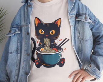 Noodle Cat T-Shirt: Ramen Black Cat, Foodie Lover Tee