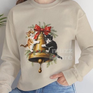 Cute Cat Christmas Sweater, Retro Christmas Bell Sweatshirt, Vintage Cute Cat Christmas Sweater, Cat Lover Christmas Gift, Retro Xmas Gift