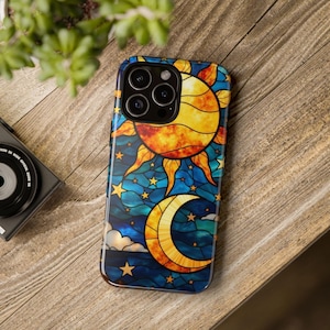 Celestial Stained Glass Moon and Stars Phone Case, Faux Stain Glass Starry Night Phone Cover, Moon and Sun Case iPhone 15 16 Samsung S23 S24