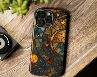 Stained Glass Moon and Stars Phone Case: Celestial Space Cover