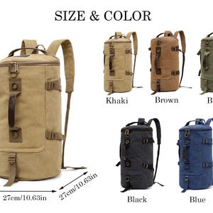 May include: Six canvas duffel bags in different colors, including khaki, brown, blue, black, and another blue. Each bag has a top handle, adjustable shoulder straps, and a zipper closure. The bags are 18.11 inches tall and 10.63 inches wide.