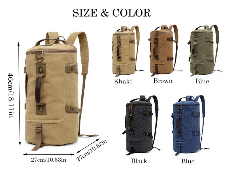 May include: Six canvas duffel bags in different colors, including khaki, brown, blue, black, and another blue. Each bag has a top handle, adjustable shoulder straps, and a zipper closure. The bags are 18.11 inches tall and 10.63 inches wide.
